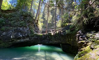 Wunderschöner Natursee in einem waldreichen Gebiet mit klarer, grüner Wasseroberfläche und Sonnenlicht, das durch die Baumwipfel scheint. | © Kleinwalsertal Tourismus eGen 