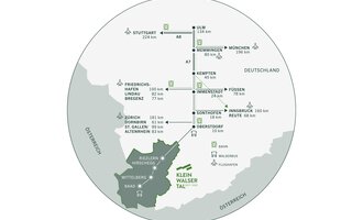 Karte des österreichischen Bundeslandes Vorarlberg mit markierten Städten und Entfernungen nach Deutschland. | © Kleinwalsertal Tourismus eGen 
