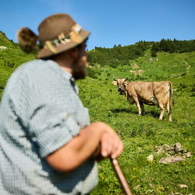 Ein Mann mit Hut und Rucksack steht in einer grünen Berglandschaft in der Nähe einer Kuh, im Sommer. Der Himmel ist klar blue. | © Kleinwalsertal Tourismus eGen • Fotograf: Oliver Farys